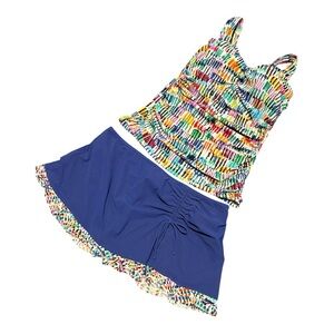 Profile By Gottex Swimsuit Size 8 D Cup Tankini Skirted Bottom Blue Pink Ruffle